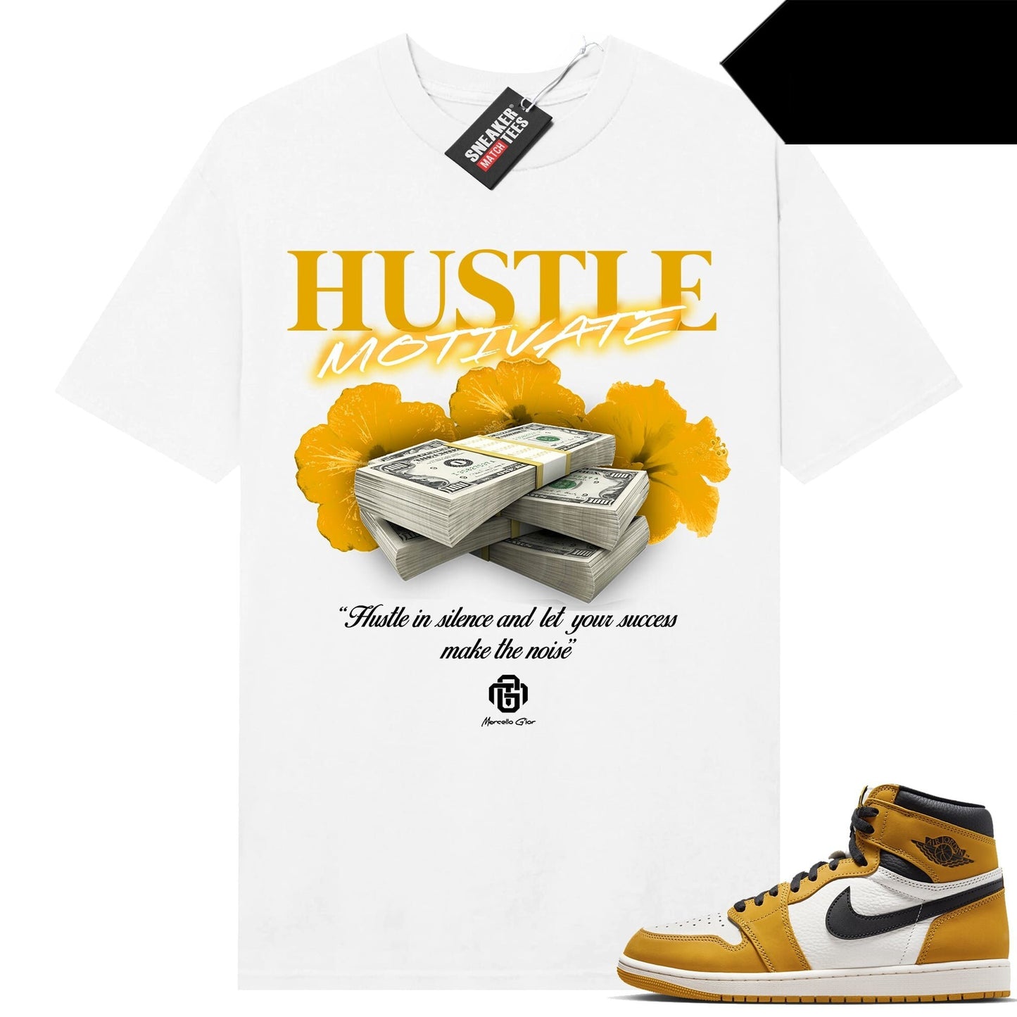 Yellow Ochre 1s retro to match Sneaker Match Tees White Gior Hustle Motivate