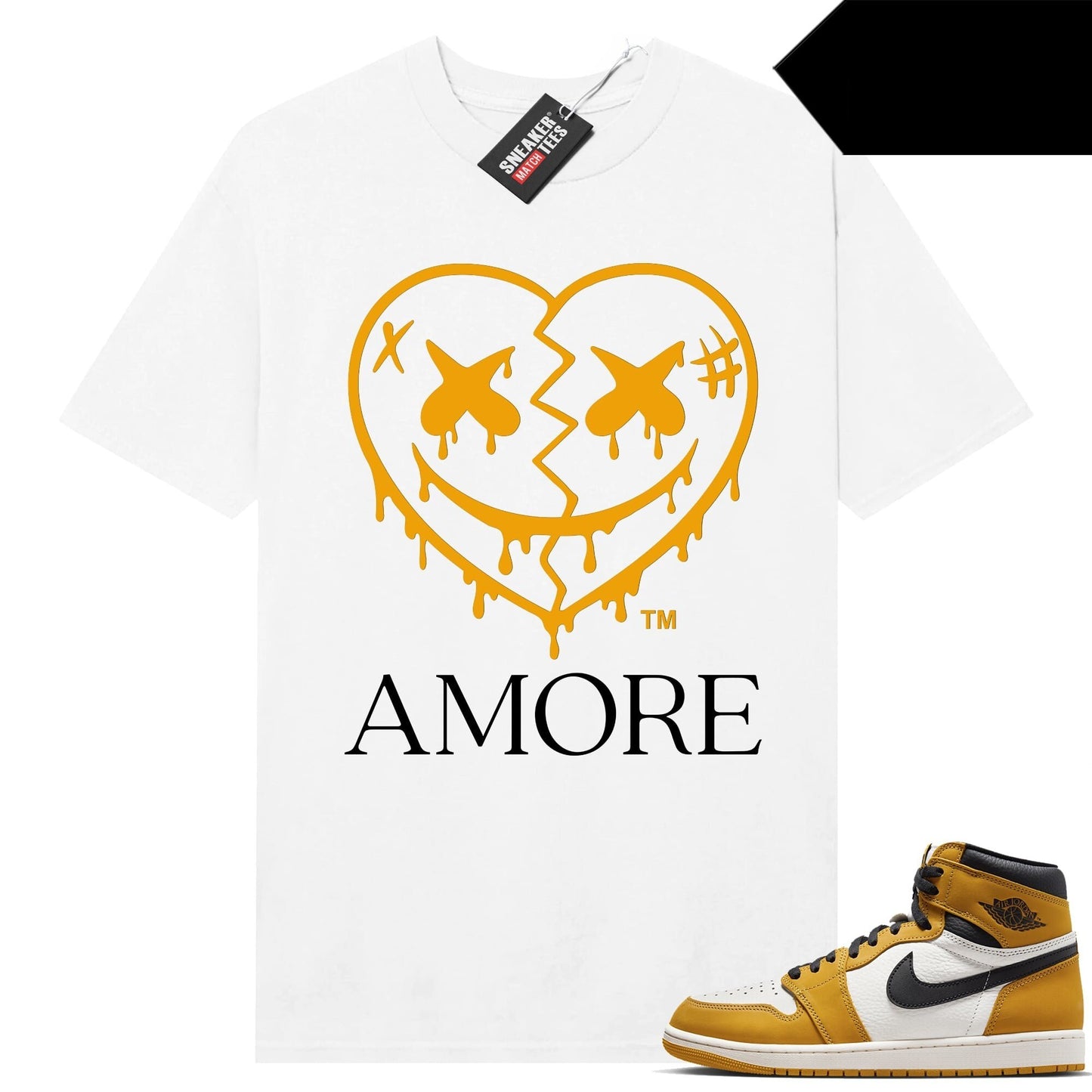 Yellow Ochre 1s retro to match Sneaker Match Tees White Amore Crazy Love Heart